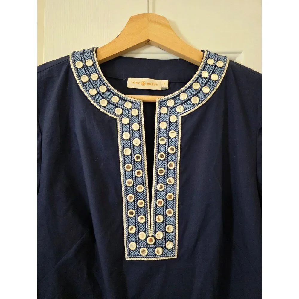 Tory Burch Ariana Crisp Poplin Mirror Applique Tunic 4 Navy